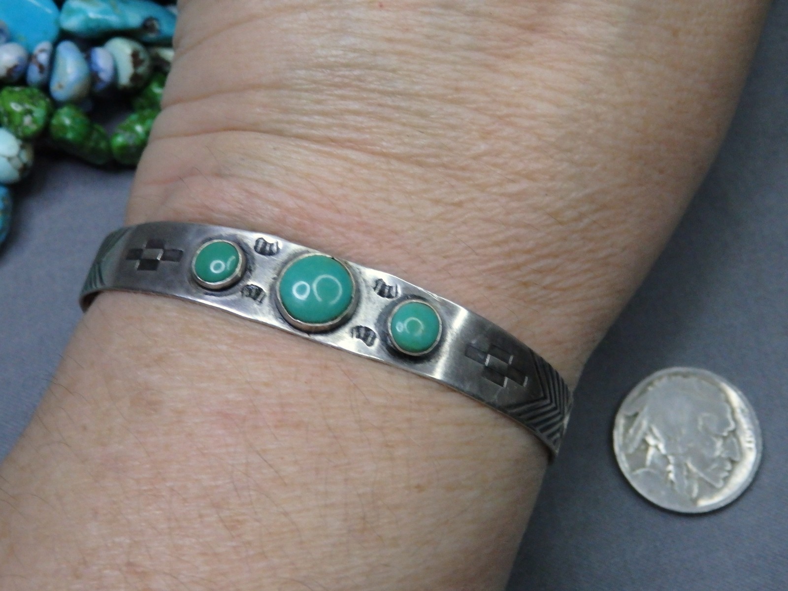 Fred Harvey Era NAVAJO Natural NEVADA TURQUOISE Sterling Silver Cuff Bracelet