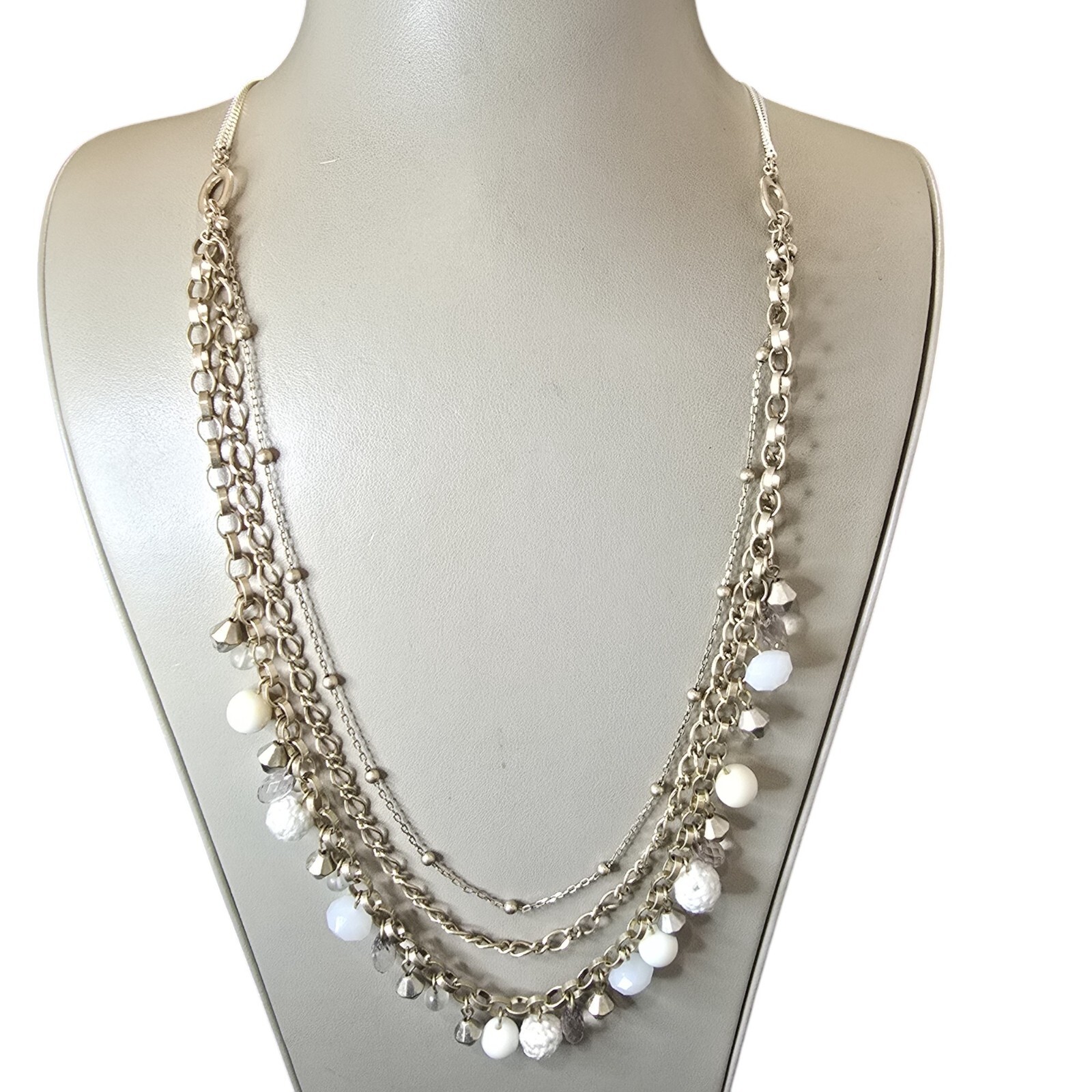 Lydell NYC Trendy Multi Layered White Beaded Gold Tone Necklace NWT