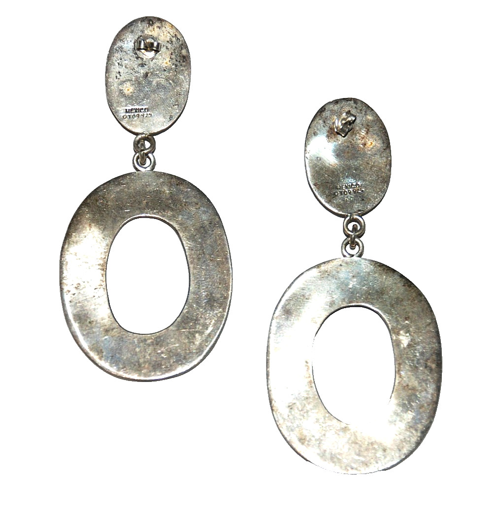 .925 Sterling Silver Modernist Oval Drop Dangle Earrings CT09 Mexico 1950s 3.25″
