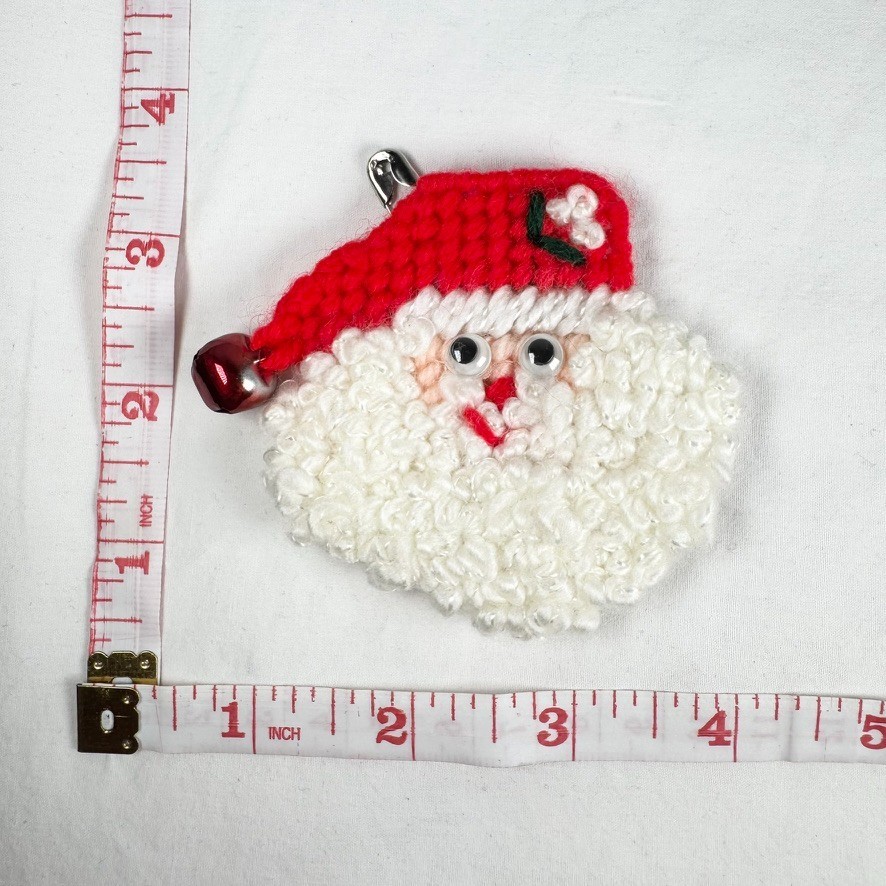 Vintage Crochet Santa Claus Brooch Pin Handmade Red Hat Jingle Bell Christmas