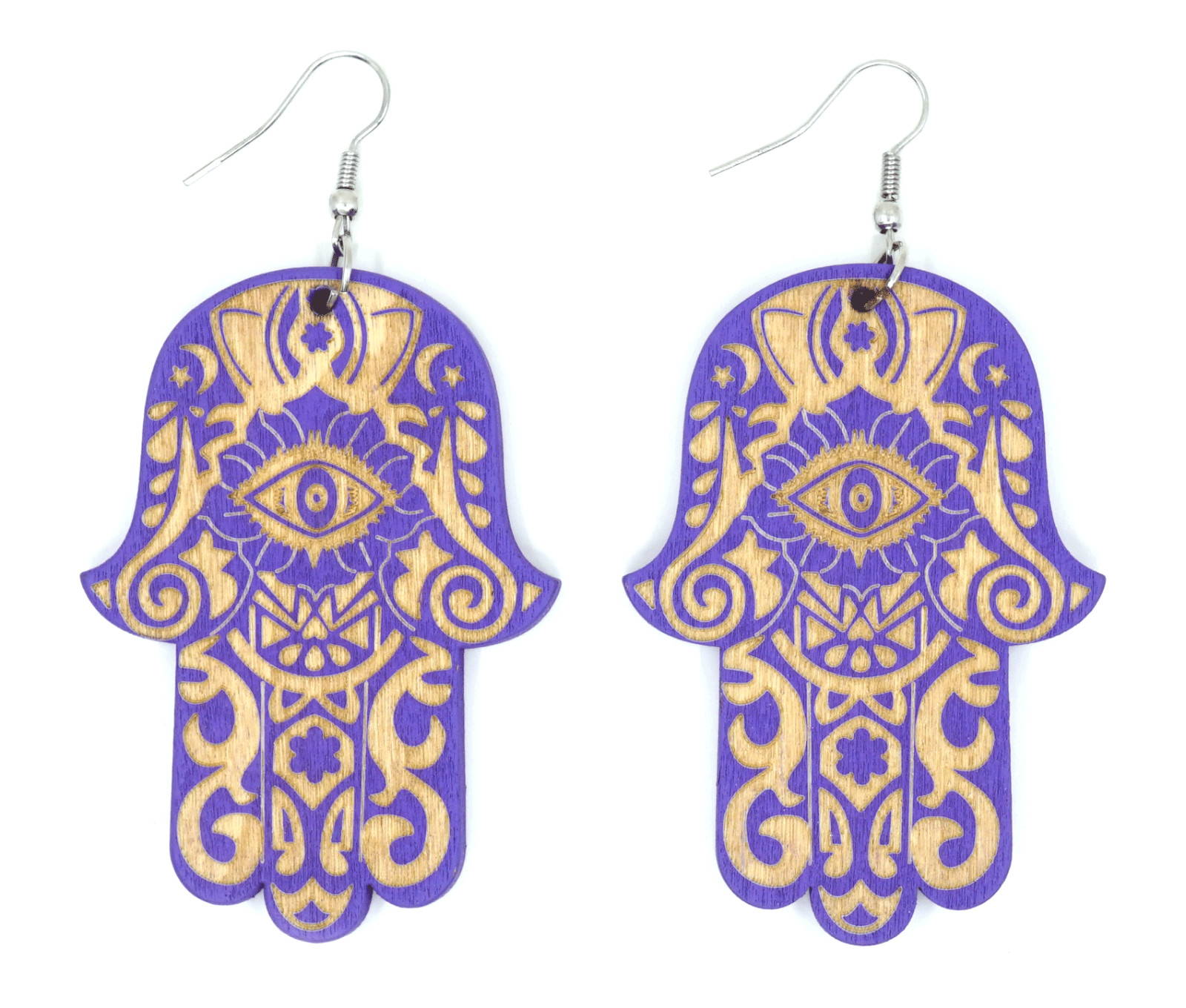 TB Hamsa Hand of Fatima Evil Eye Colorful Wood Natural Dangle Fashion Earrings