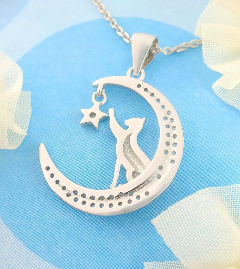 Cat Reaching for Star Crescent Moon Pendant ONLY No CHAIN Kitty wh468