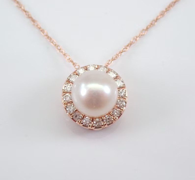 2.00 Ct Round White Pearl Women’s Halo Pendant 14K Rose Gold Plated Silver