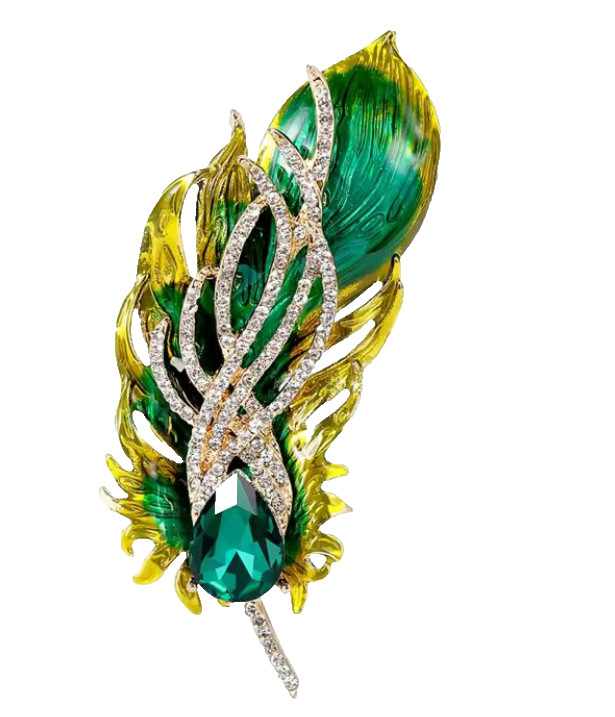 Green Feather Brooch Pin Rhinestone Crystal Gold Tone Statement Jewelry Gift