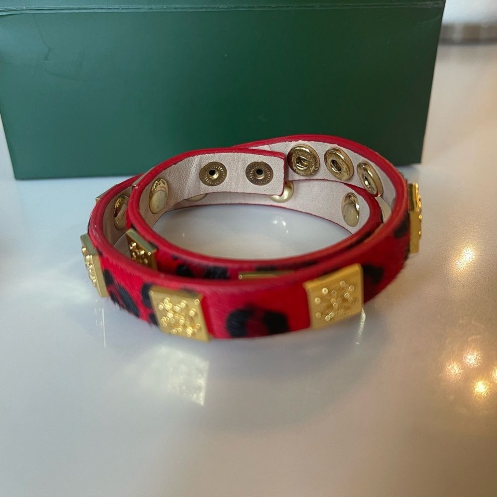 Rustic Cuff Brown Red Calf Skin Double Leather Wrap Gold Tone With Bag & Pouch