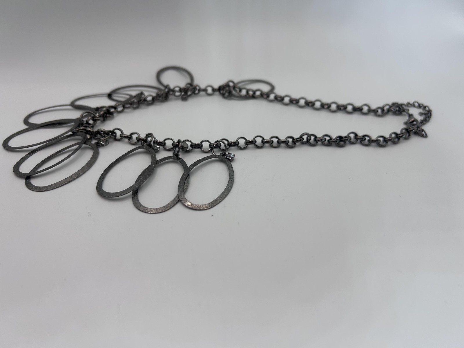 Necklace Silver Tone Oval Bib Statement Rhinestone Crystal Chain Lobster Clasp