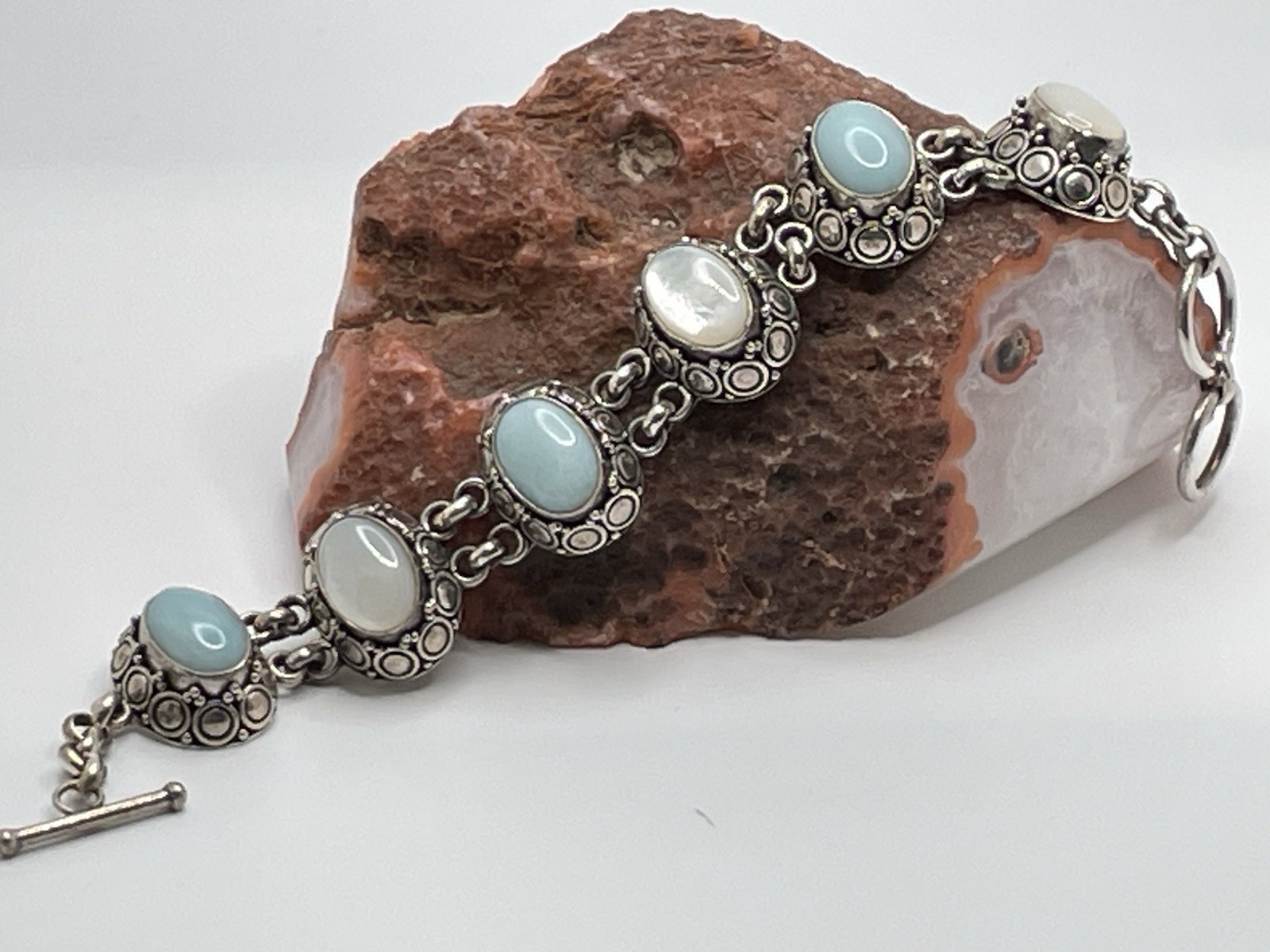 BA Suarti BALI Indonesia Sterling Silver Blue White Stones Link Bracelet 54 Gram