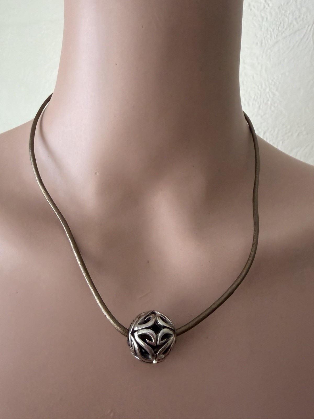Ann King Sterling Ball Leather Cord Necklace Modernist Silver