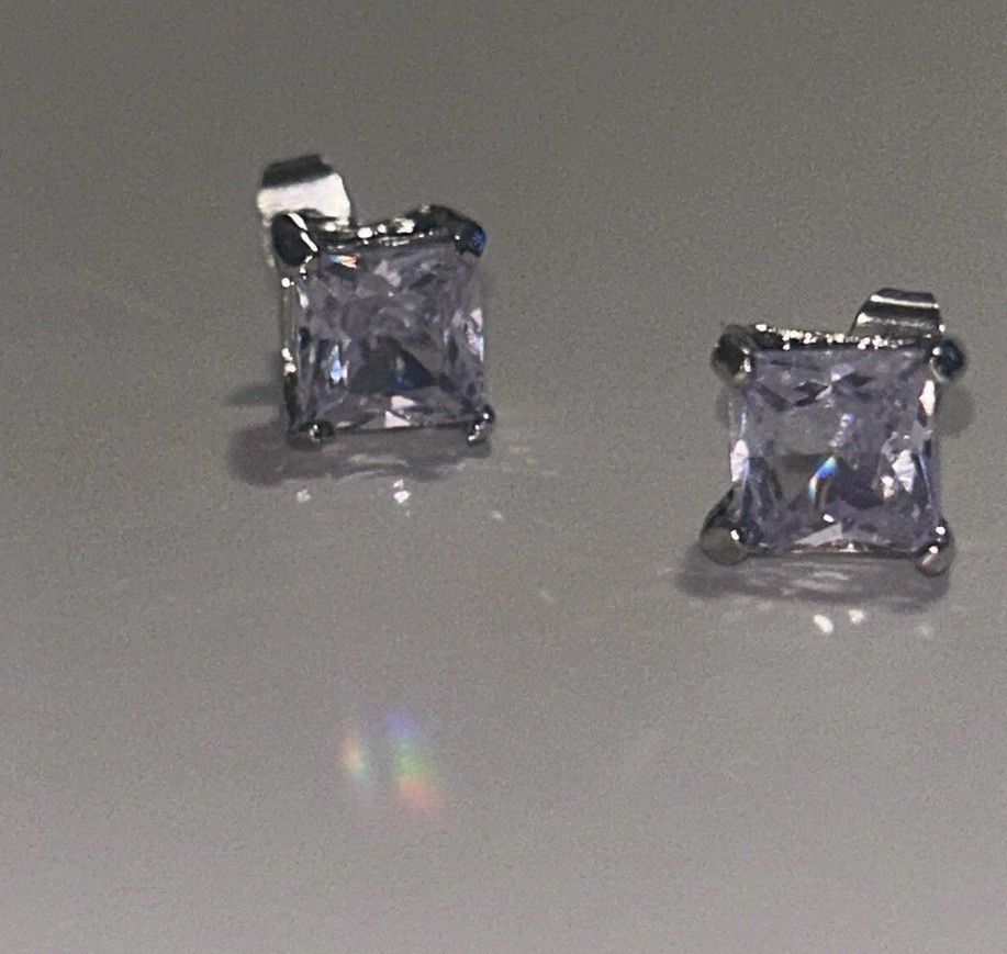 8mm Princess Cut Zircon Stud Earrings Silver Plated Diamond Alternative