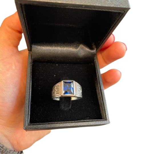 Signet Star of David Jewish Ring Sterling Silver & Blue Sapphire Solid Jewelry