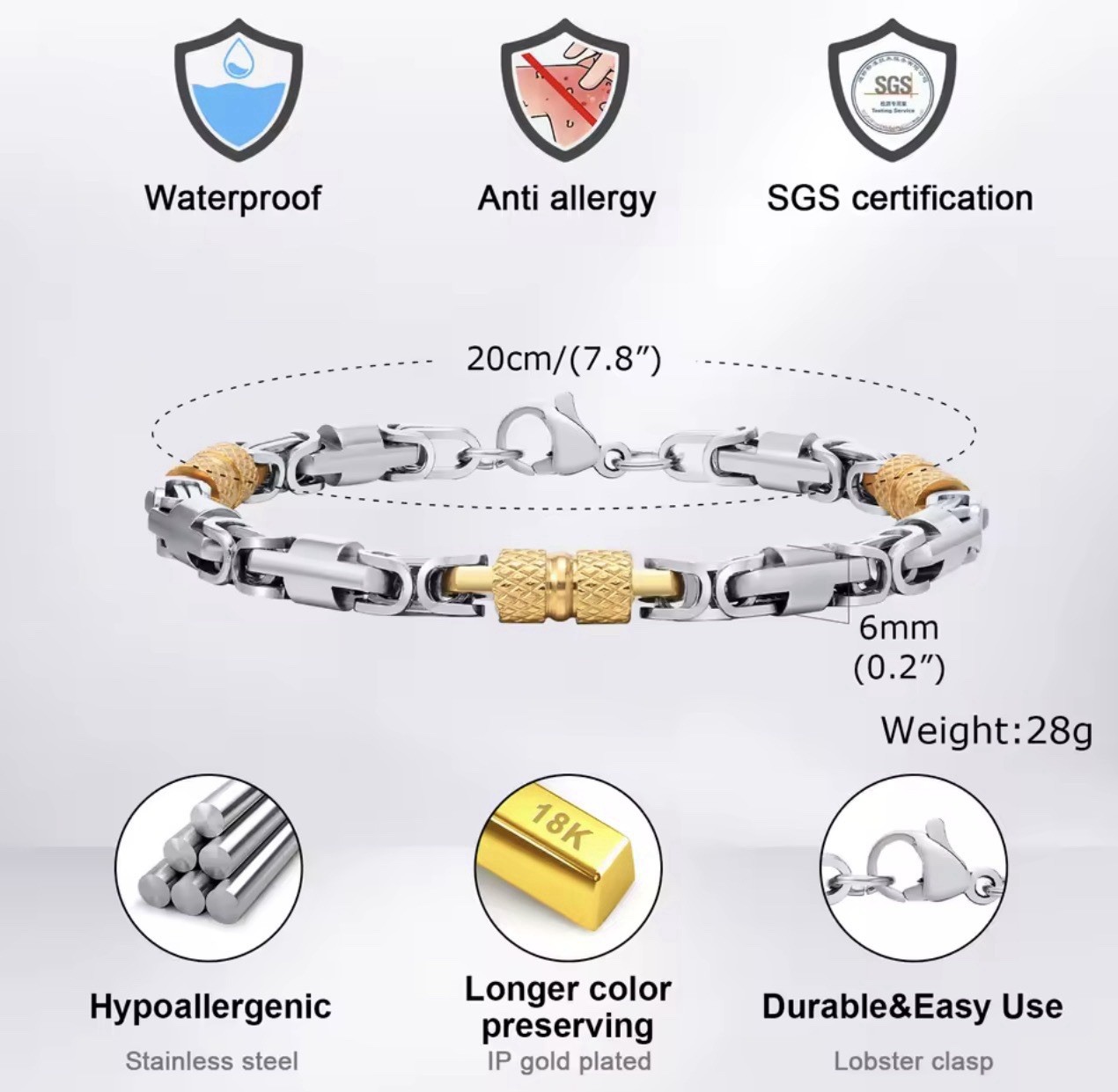 Men’s Byzantine Bracelet, Stainless Steel, Silver/Gold Color, 6mm/20cm