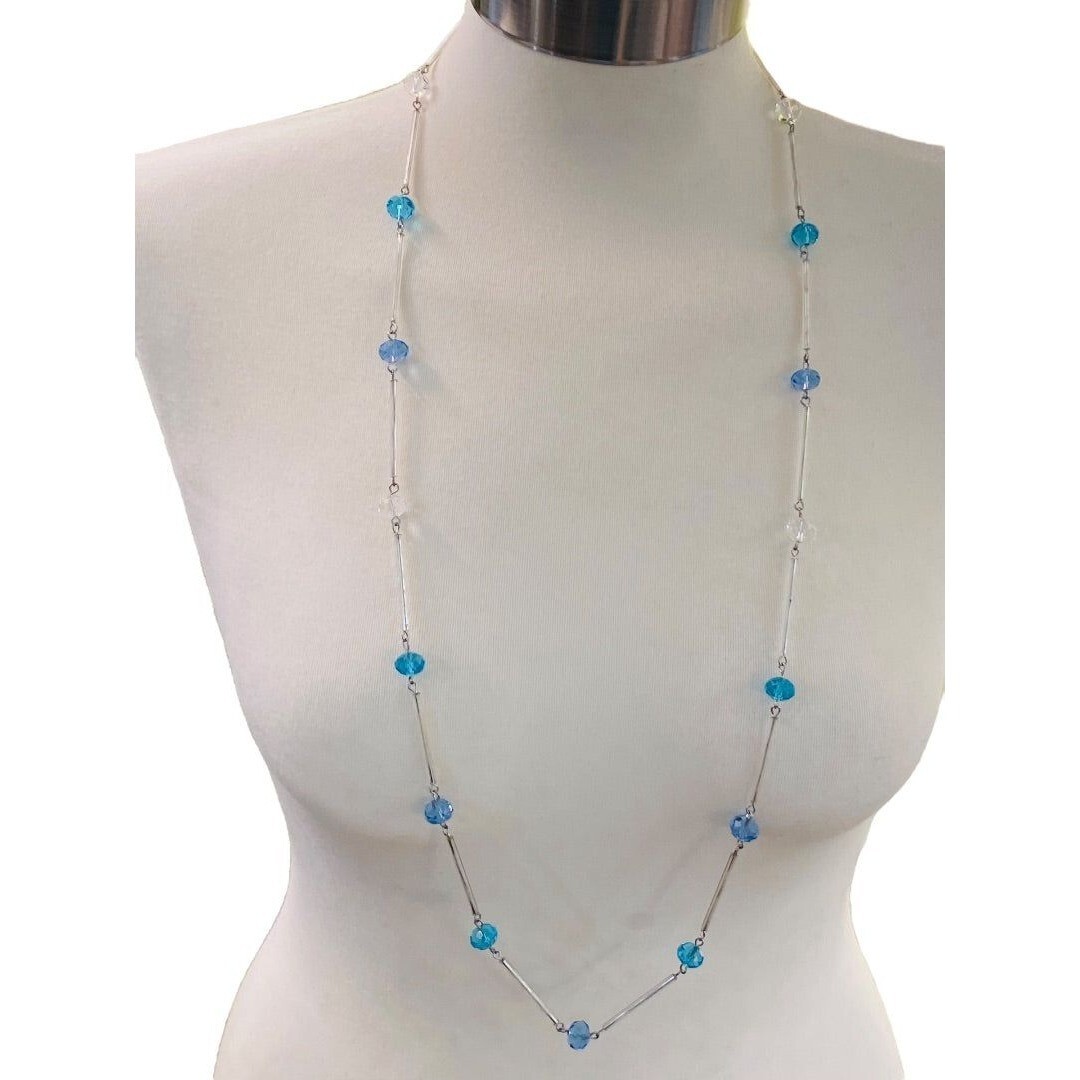 Silvertone Blue Aqua Beaded Overhead 36″ Strand String Necklace