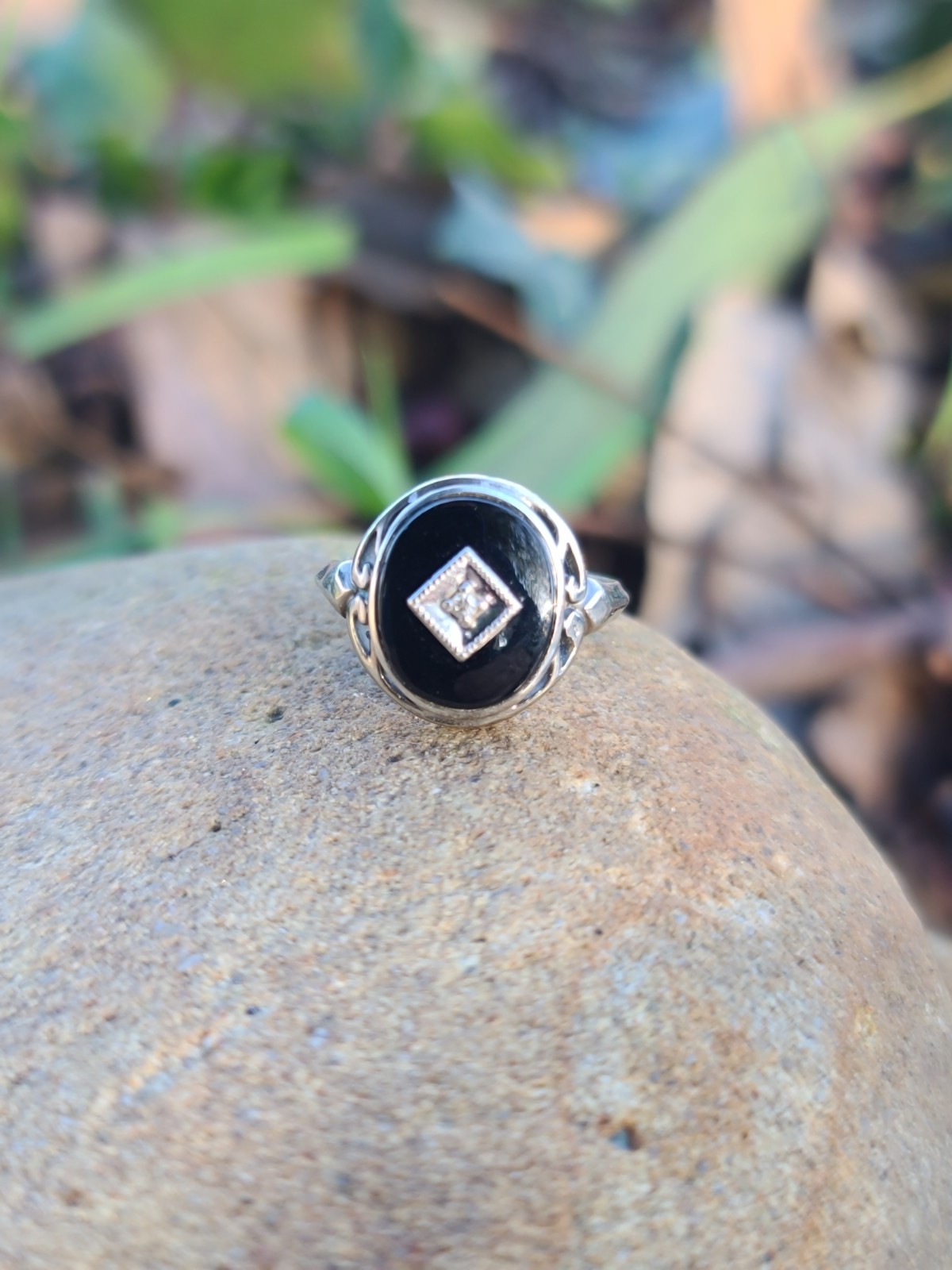 VTG 10k Solid White Gold Diamond Black Onyx Art Deco Ring 4.75sz Signed 3.29gr