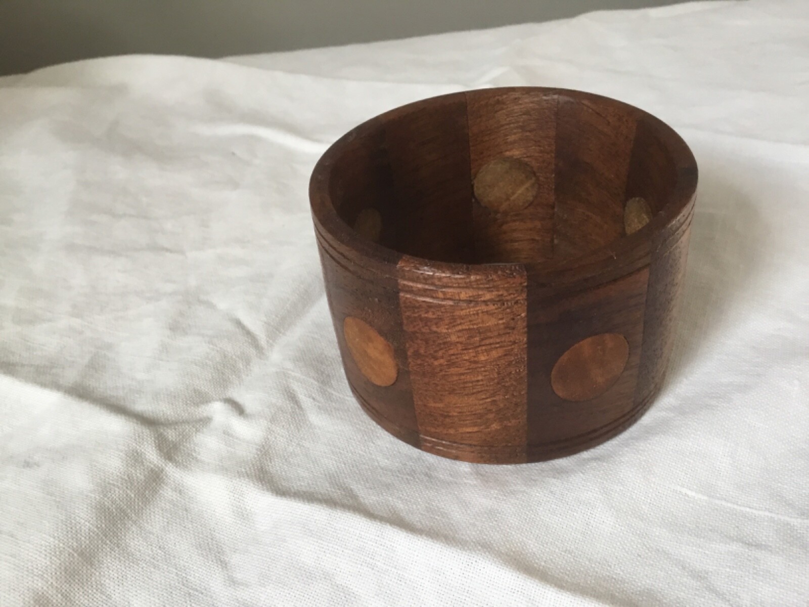 Vtg HANDMADE WOODEN BRACELET Inlaid 1 7/8 “ WALNUT Boho Hippie Chunky