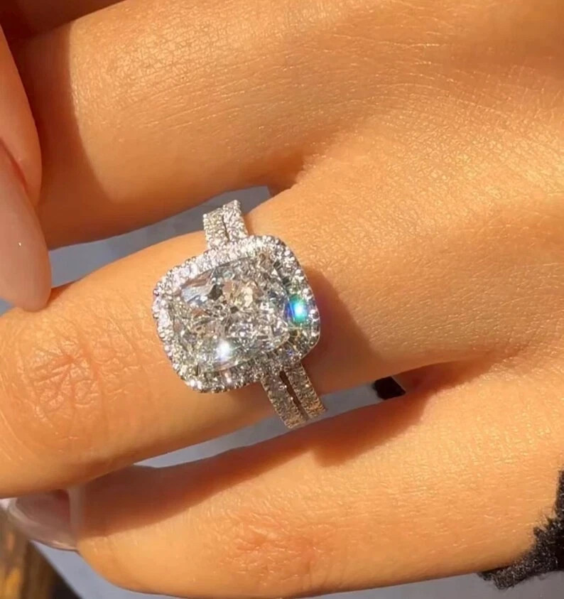 2.80 Ct Cushion-Cut VS1 Lab Grown Diamond Halo Bridal Wedding Set 14K White Gold