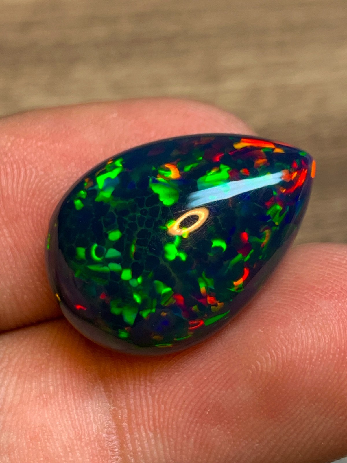 Ethiopian Black Opal Gemstone 10.8 Carat Pear Cabochon Honeycomb Welo Loose Gem