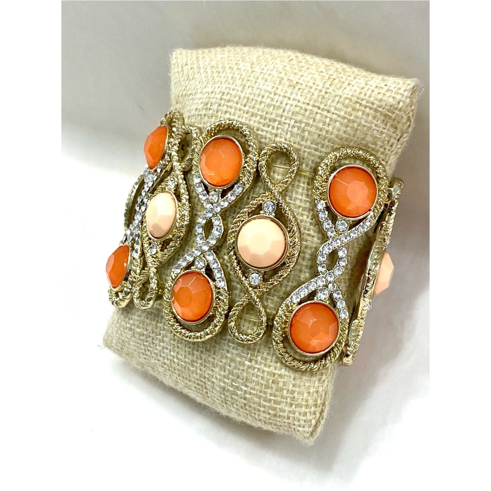 Vintage Gold-Tone Orange & Peach Crystal Link Cuff Bracelet