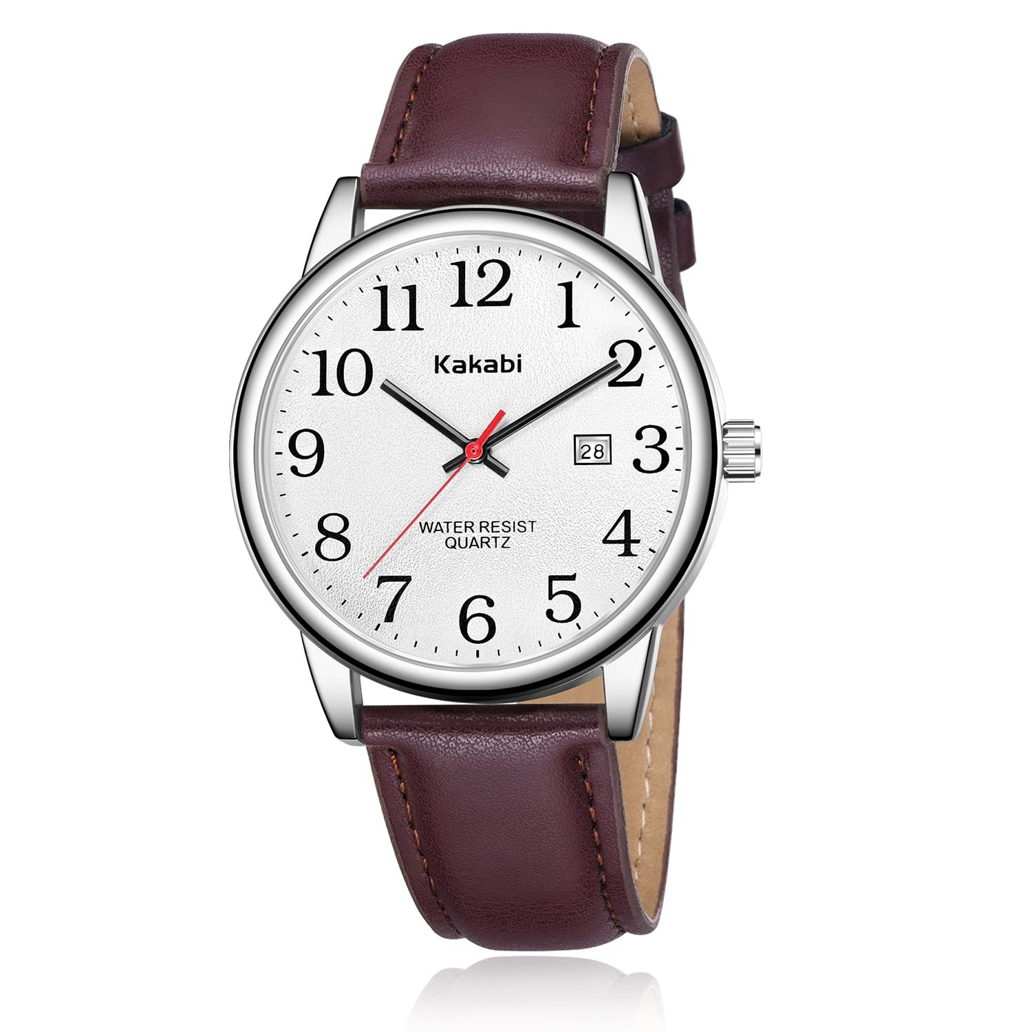 Kakabi Watch for Men, Easy Reader Unisex 03-Reddish-brown/Silver-Tone/White