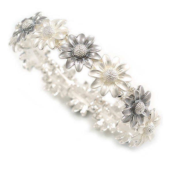 Pastel White/Grey Enamel Multi Daisy Flex Bracelet in Light Silver Tone – 20cm