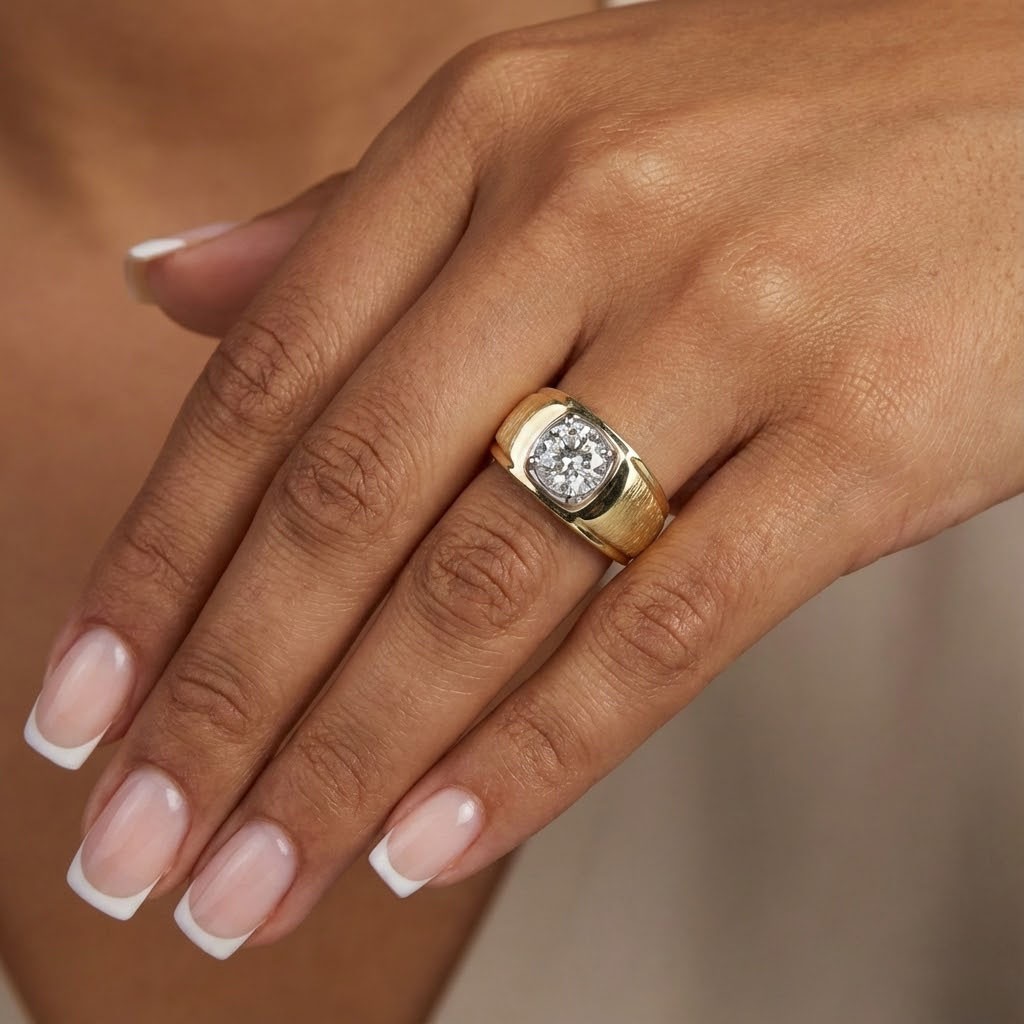 Solitaire Mens Ring Solid 18K Yellow Gold 1.54 CT Round Lab-Grown Diamond F SI2