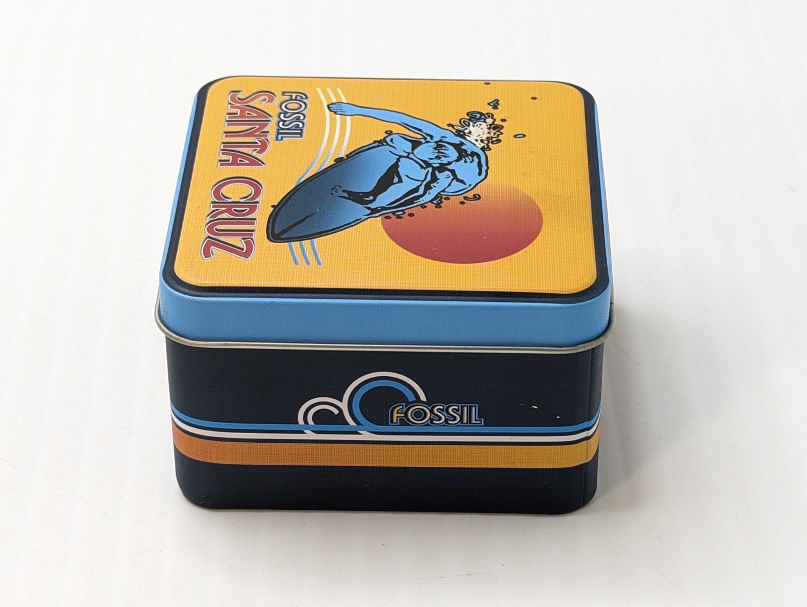 Fossil Empty Metal Watch Tin Box Santa Cruz Surfer 3.5×3.5×2.5″ RARE Ships Free