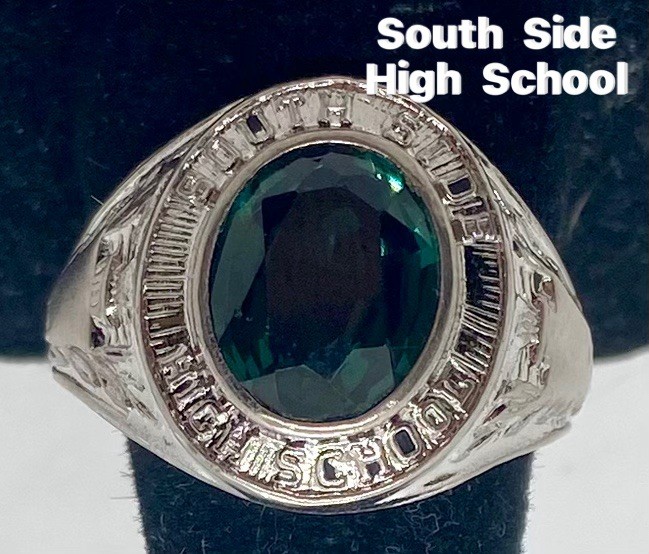 KINNEY STERLING SILVER SCHOOL RING Green Stone Size 7.5 SOUTH SIDE School – 6.6g