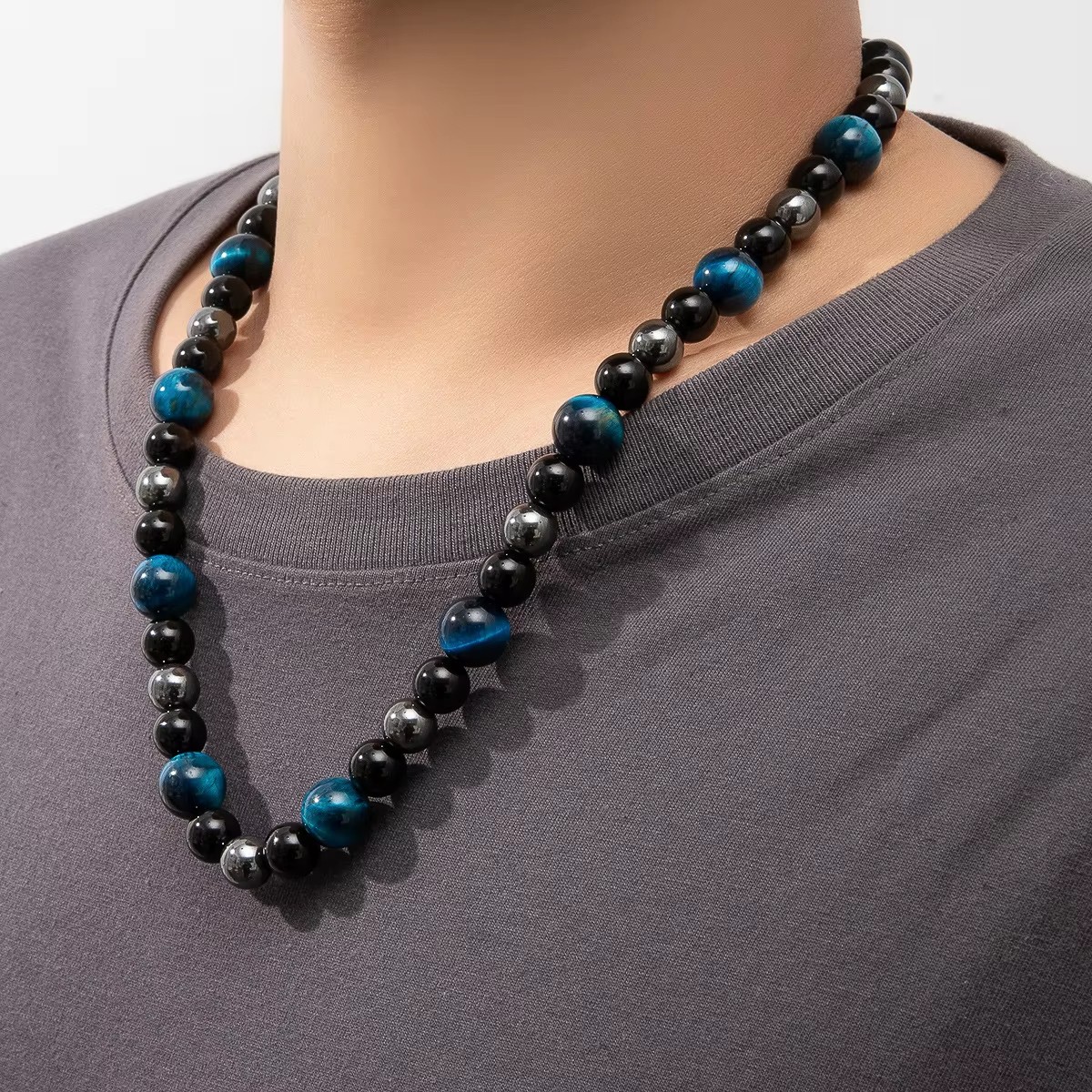 Blue Tiger Eye Men Triple Protection Necklace Hematite Obsidian Necklace 24”