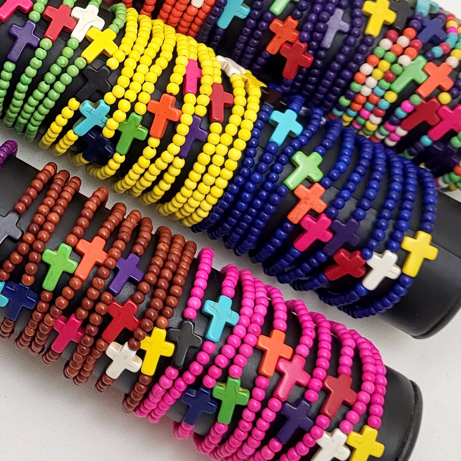 Cross Bracelet Handmade Beaded Howlite Turquoise Bead 7.5″ 4mm Halloween Gift