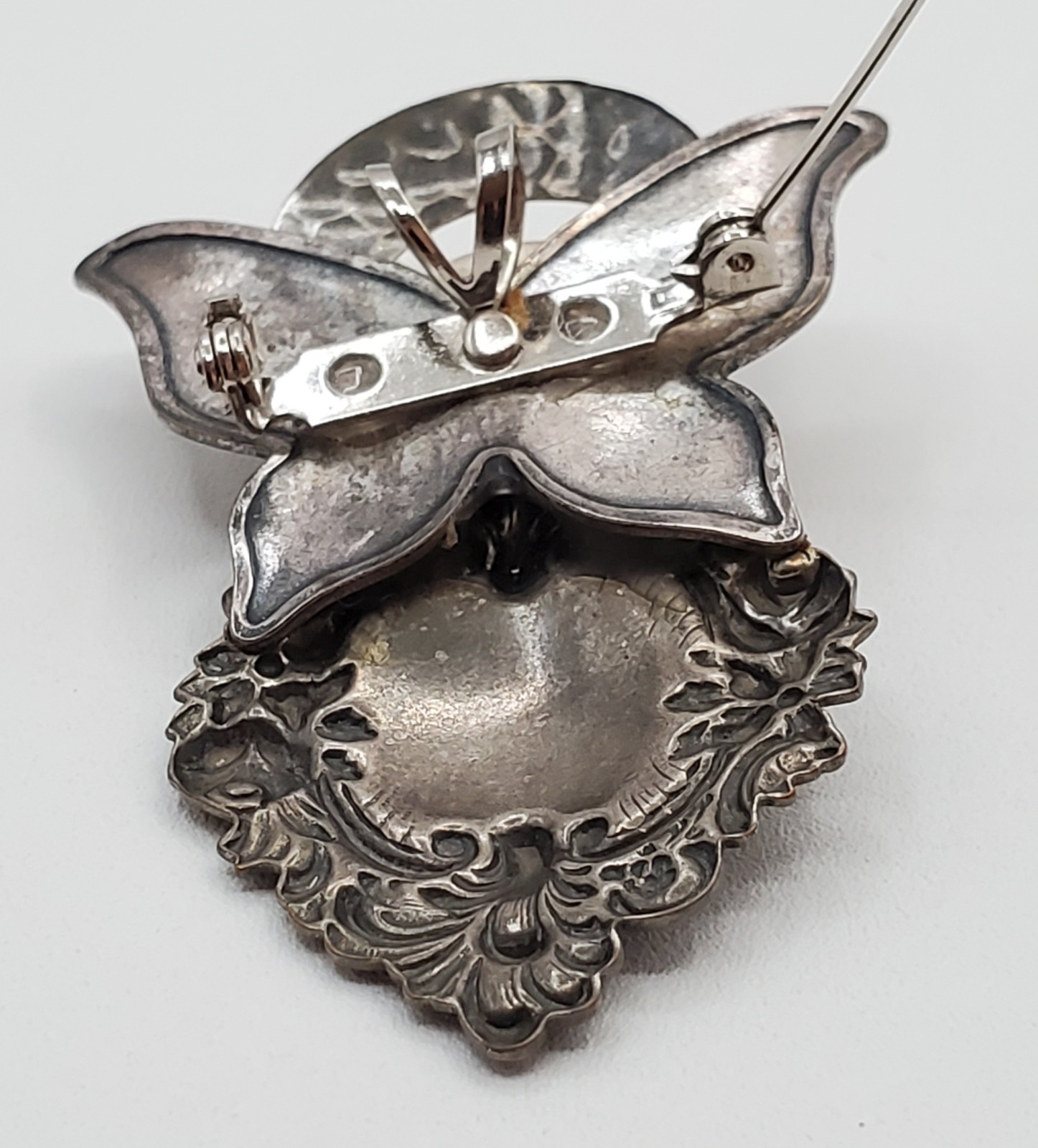 VTG Angel Brooch and Pendant Combo 2.5in Hammered Silver Tone Scroll Steampunk