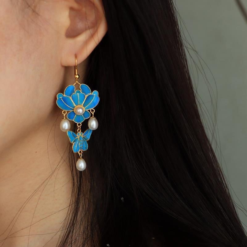 Cloisonne Drop Earrings Gold Plated Long Hook Hanfu Chinese Style Women
