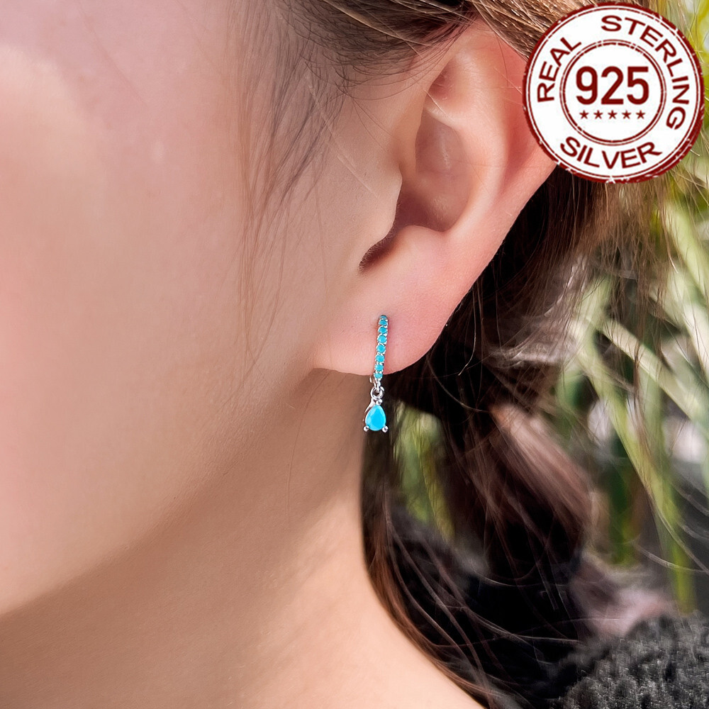 925 Sterling Silver Zircon Blue Turquoise Water Drop Dangle Hoop Huggie Earrings