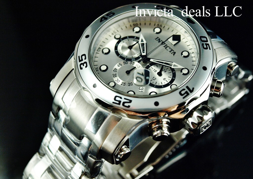 Invicta Men’s 48mm Pro Diver SCUBA Chronograph SILVER DIAL ALL Silver Tone Watch
