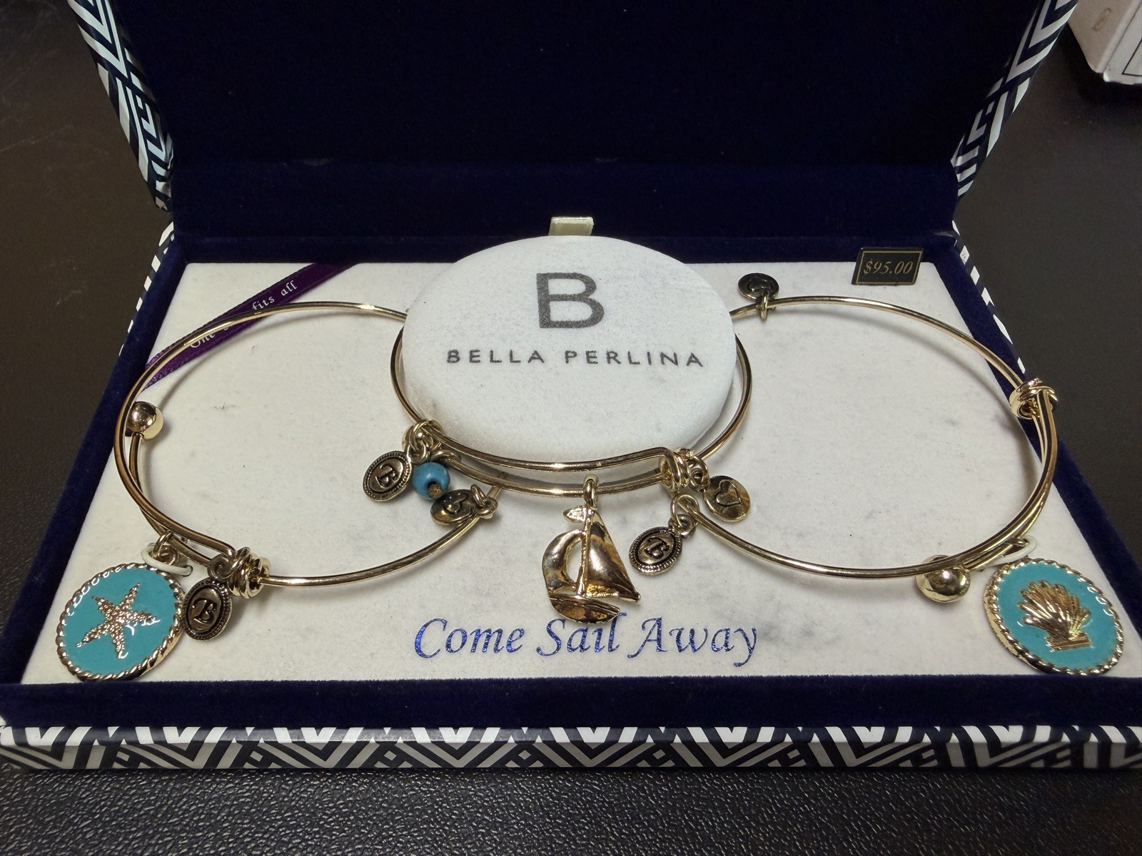Bella Perlina European 3 Bangle Gold Charm Bracelet “Come Sail Away” Nautical