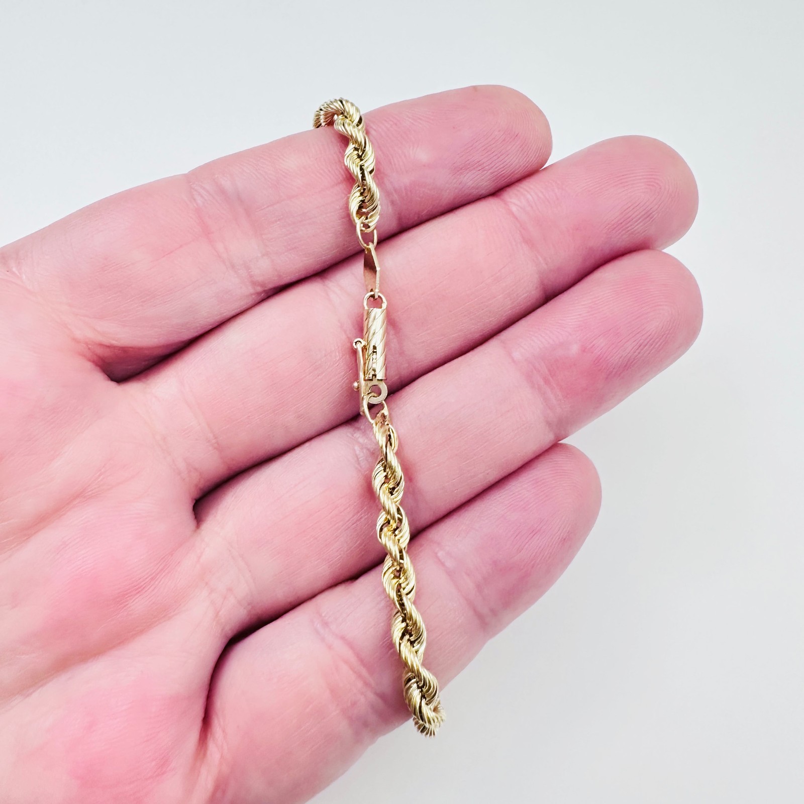 Solid 14K Yellow Gold Classic Rope Link Bracelet w/Safety Latch 3.7mm, 8″, 2.2g