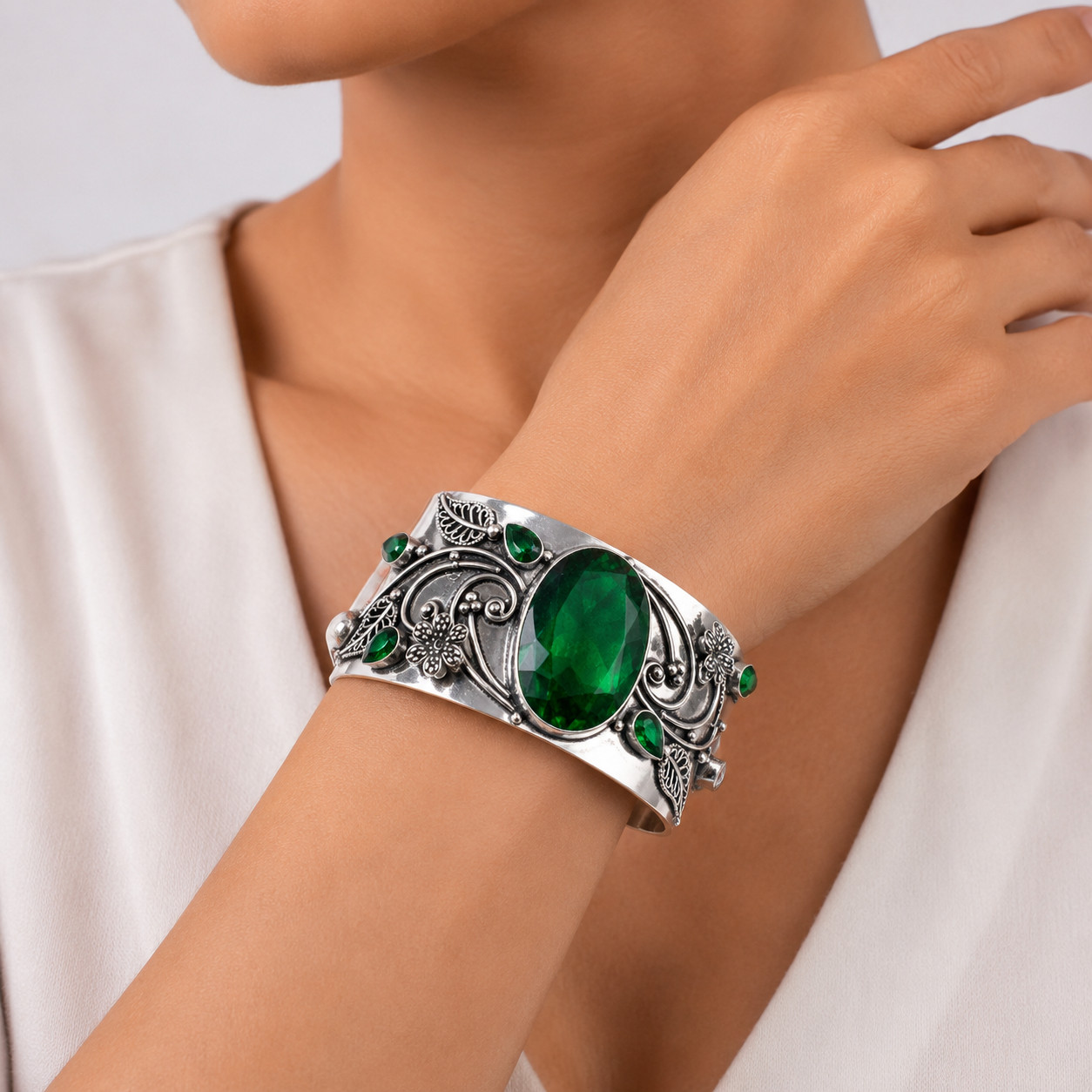 Green Chrome Diopside Gemstone Cuff Bracelet 925 Sterling Silver Jewelry ADJ”