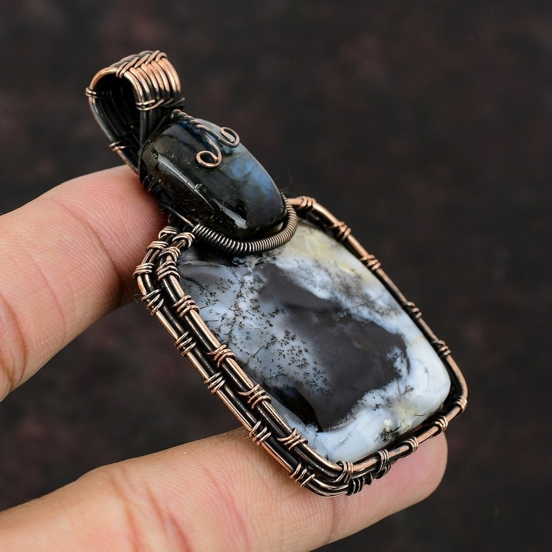 Handmade Dendrite Opal Wire Wrapped Copper Pendant Gift for Her
