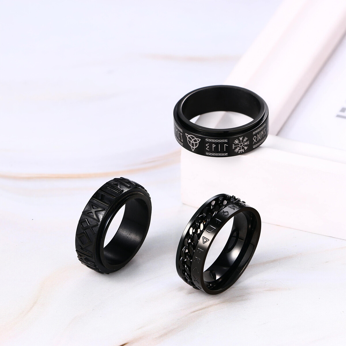 3pcs Men’s Nordic Rune Anti-Anxiety Spinner Ring Band Size 6-12 Viking Jewelry