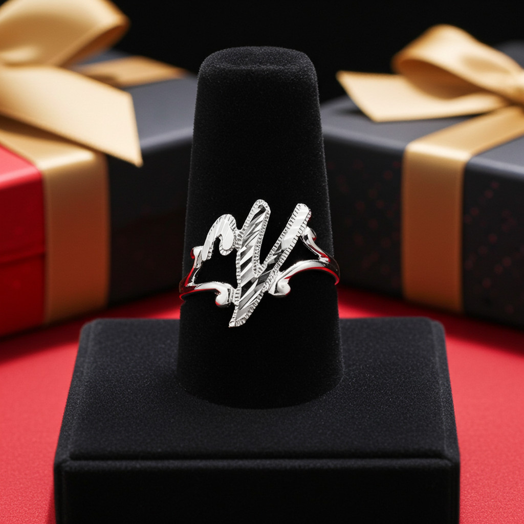 Elegant Sterling Silver Sparkle-Cut Cursive Letter Initial Script Ring for Women