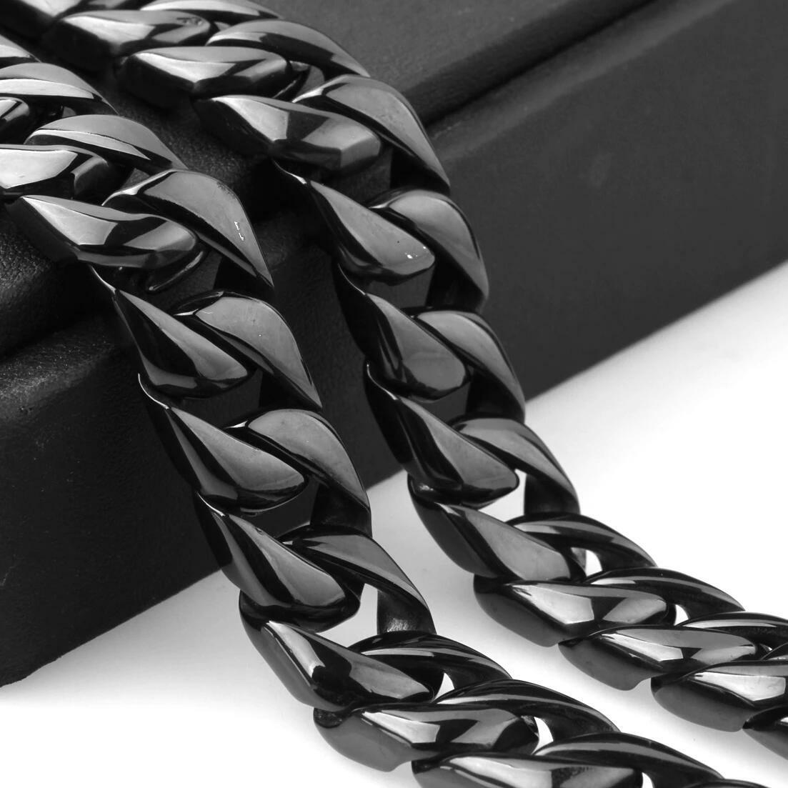 15mm 16-40″ Black Stainless Steel Cuban Link Chain Necklace for Men Jewelry Gift