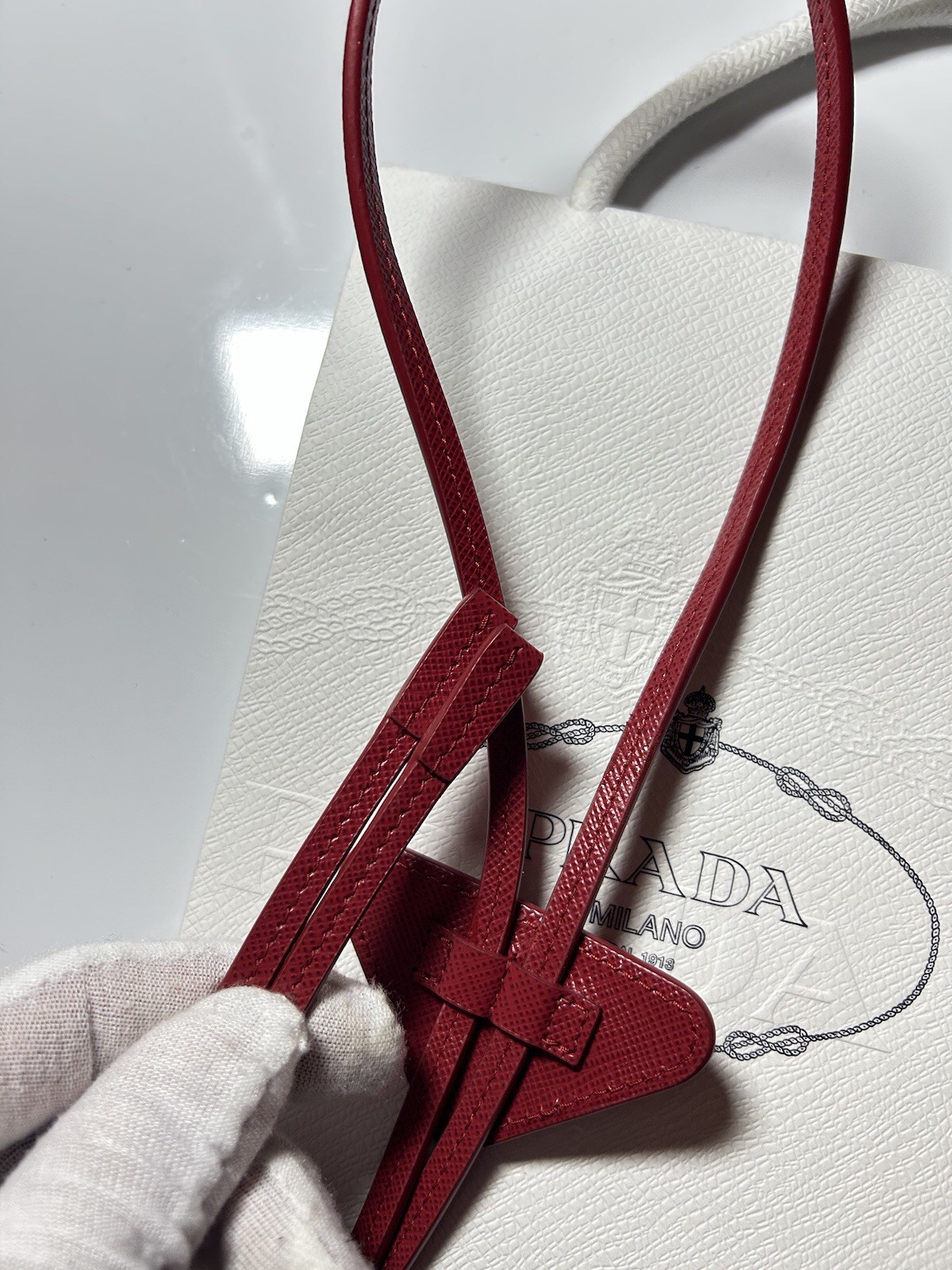 PRADA Saffiano Leather Bolo Neck Tie Triangle Logo Tech Adjustable Red Q9