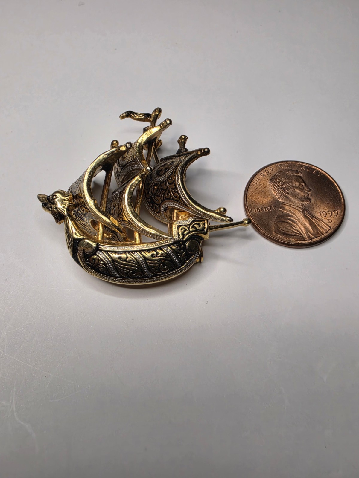 Vintage Damascene Ship Brooch Spanish Galleon Sailing Sail Boat Pin Spain