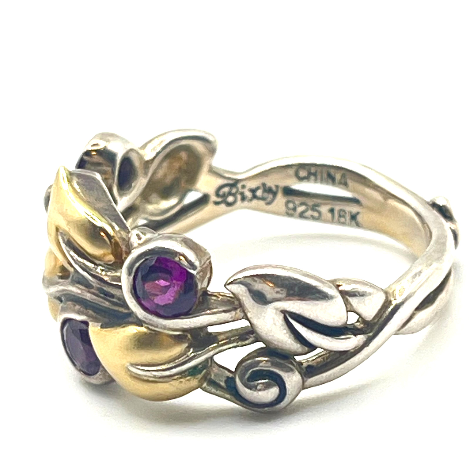 Barbara Bixby Ring Rhodolite Garnet Sz 8 💥 Vine Leaf Sterling 925 & 18k Leaf