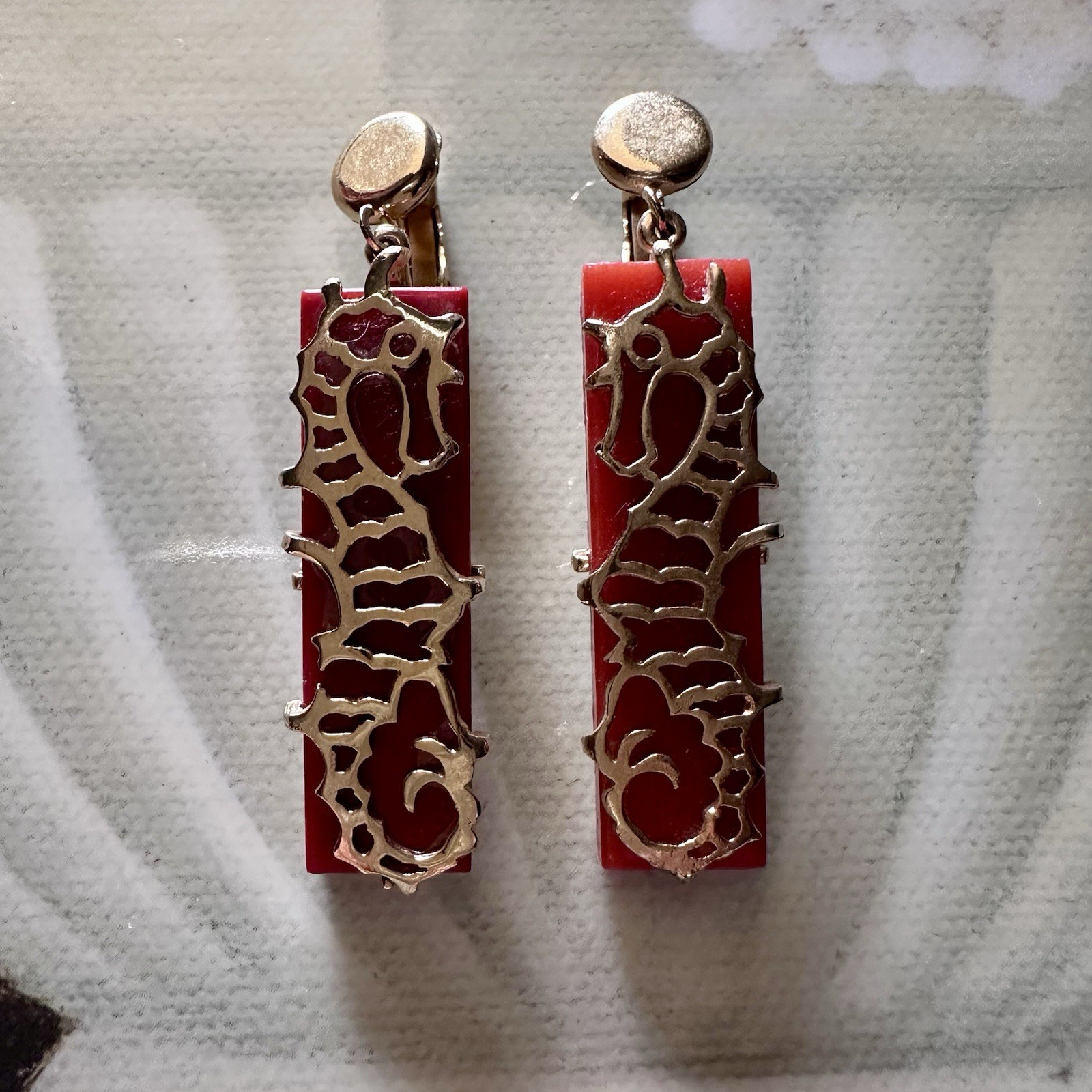 Rare Signed Boucher Seahorse Clip Earrings Red Glass Gold Tone Nautical VTG