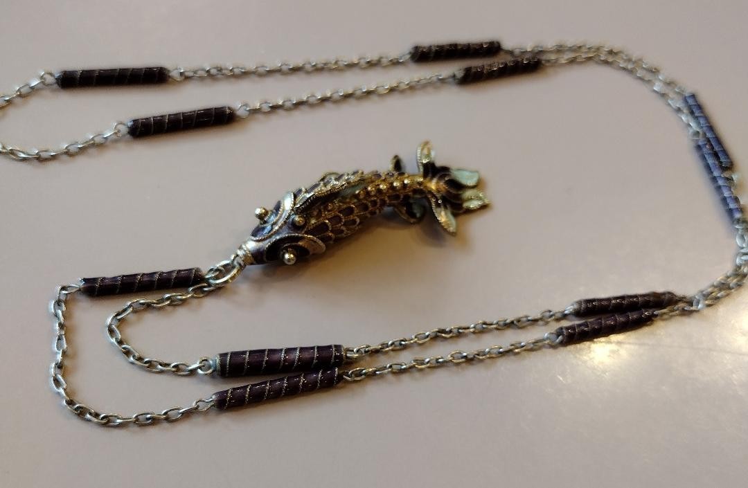 Vtg Chinese Koi Fish Necklace Silver Cloisonne Enamel Articulated Ships Free