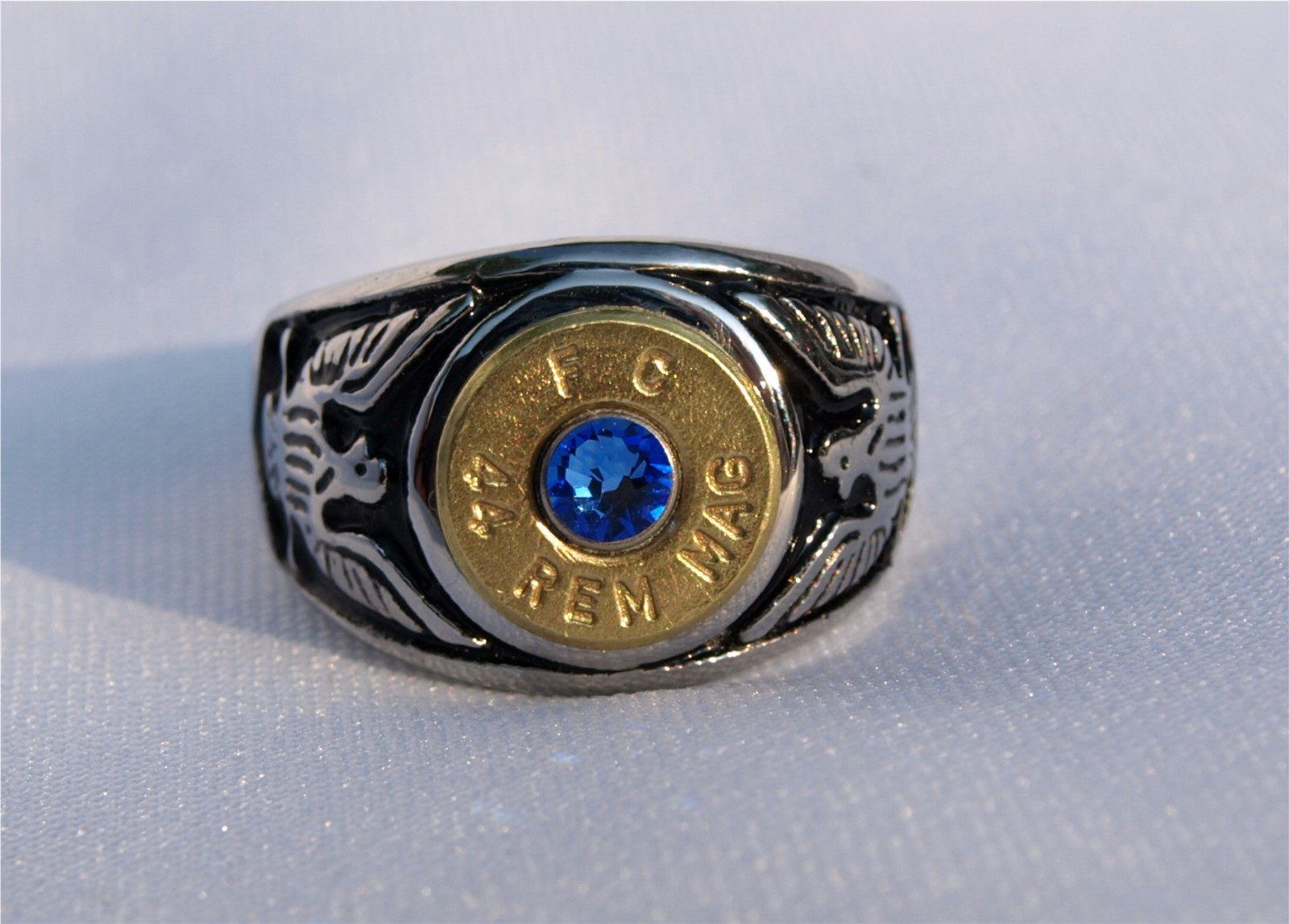 Stainless Steel Eagle Bullet Ring. 44 Mag Casing. Optional Glass Crystal