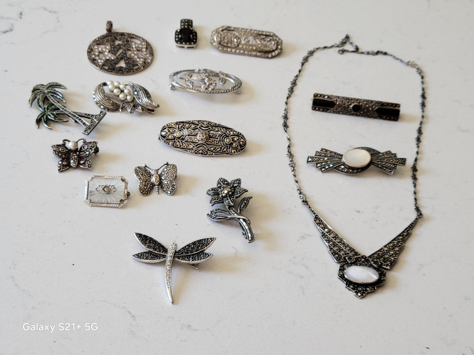 Estate Lot Of Marcasite Jewelry, 7 Pieces Stamped 925, 2 Silver, 6 Not Stamped