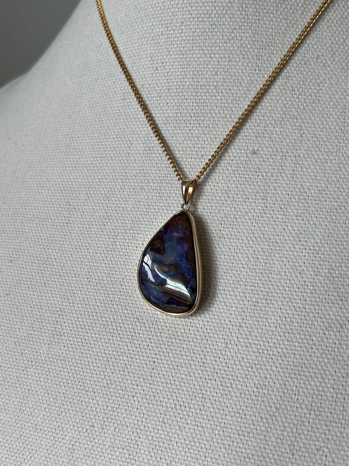 Contemporary 14 Karat Yellow Gold Freeform Oval Blue and Brown Opal Pendant