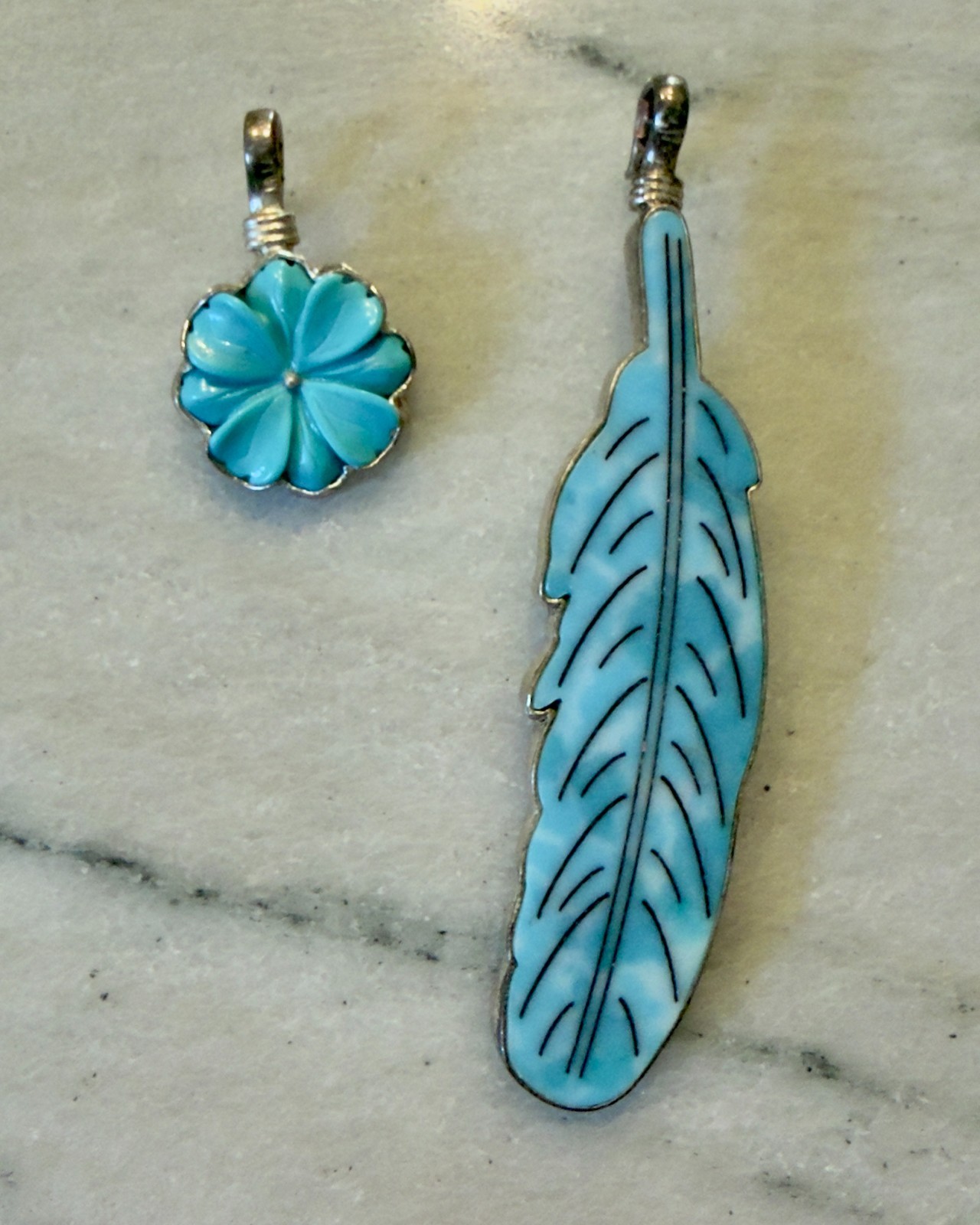Coreen Cordova Que Milagro Turquoise Colored Medium Feather & Small Flower Charm