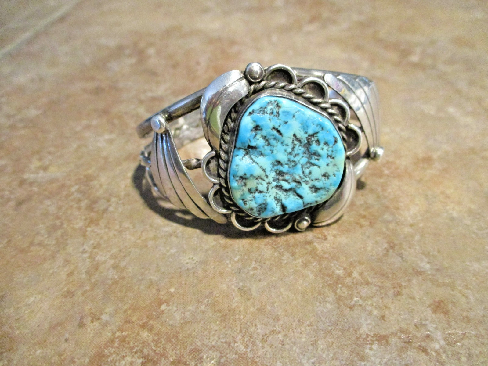 FINE Vintage Navajo Sterling Silver SEA FOAM Turquoise Applique Bracelet Sign FS