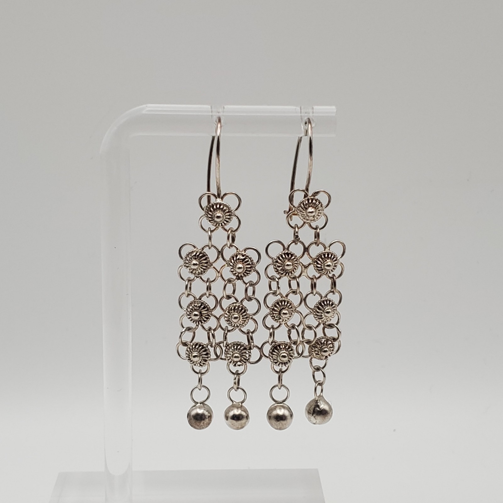 925 Sterling Silver Bohemian Dangle Chandelier Beaded Kidney Hook Earrings 2”